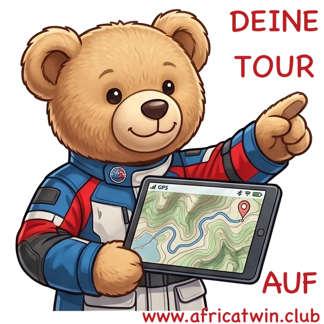 Africa Twin Touren-App: ein Teddybär in Motorradjacke hält ein GPS-Tablet mit Streckenkarte, Slogan „Deine Tour auf africatwin.club“