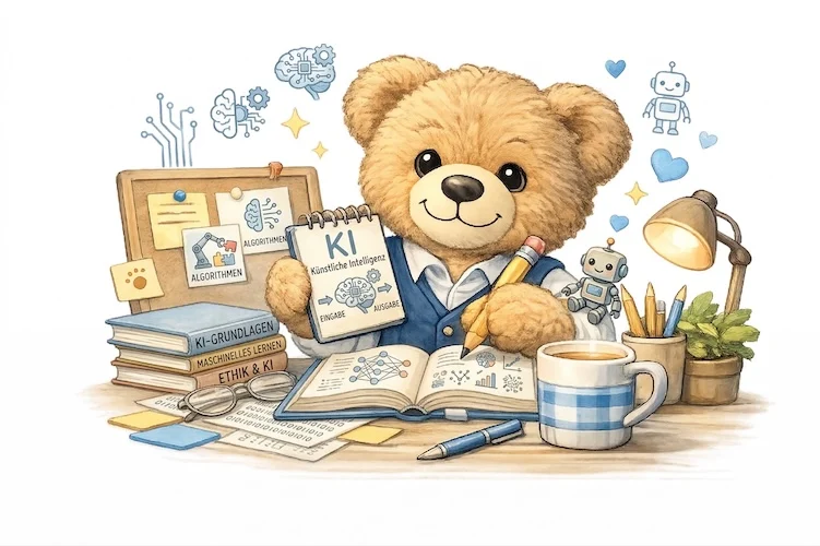 Illustration: a teddy bear at a desk with books on AI basics, machine learning and AI ethics